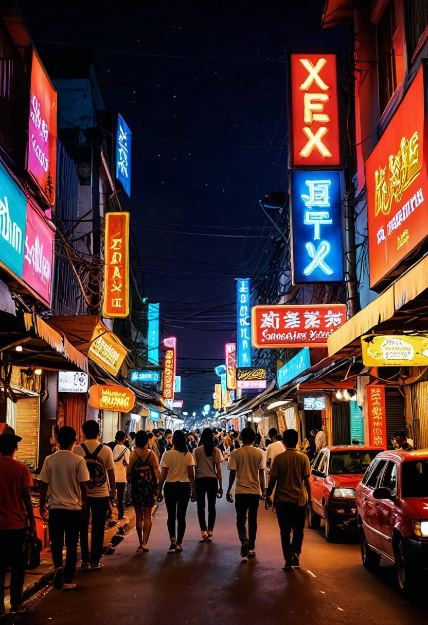 A vibrant and dynamic street scene in Indonesia, showcasing a mix of traditional culture and modernity, including a neon-lit sign advertising an X-rated entertainment venue. People of various backgrounds enjoying leisure activities, with expressions of curiosity and enjoyment on their faces. Incorporate elements of nightlife, such as colorful lights and lively street performances, all under a starry sky. The atmosphere should reflect both intrigue and casual viewing. super-realistic. vibrant colors. dynamic composition.