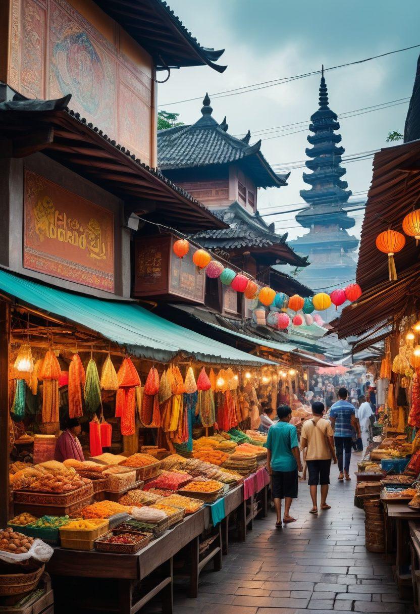 A vibrant, bustling marketplace in Indonesia, showcasing colorful stalls selling traditional snacks and crafts, with a backdrop of iconic Indonesian architecture. Highlight diverse people engaging joyfully in conversation, reflecting leisure and pleasure. Include subtle hints of film posters in the background, symbolizing the film culture. Bright, inviting colors to create an energetic atmosphere. super-realistic. vibrant colors.